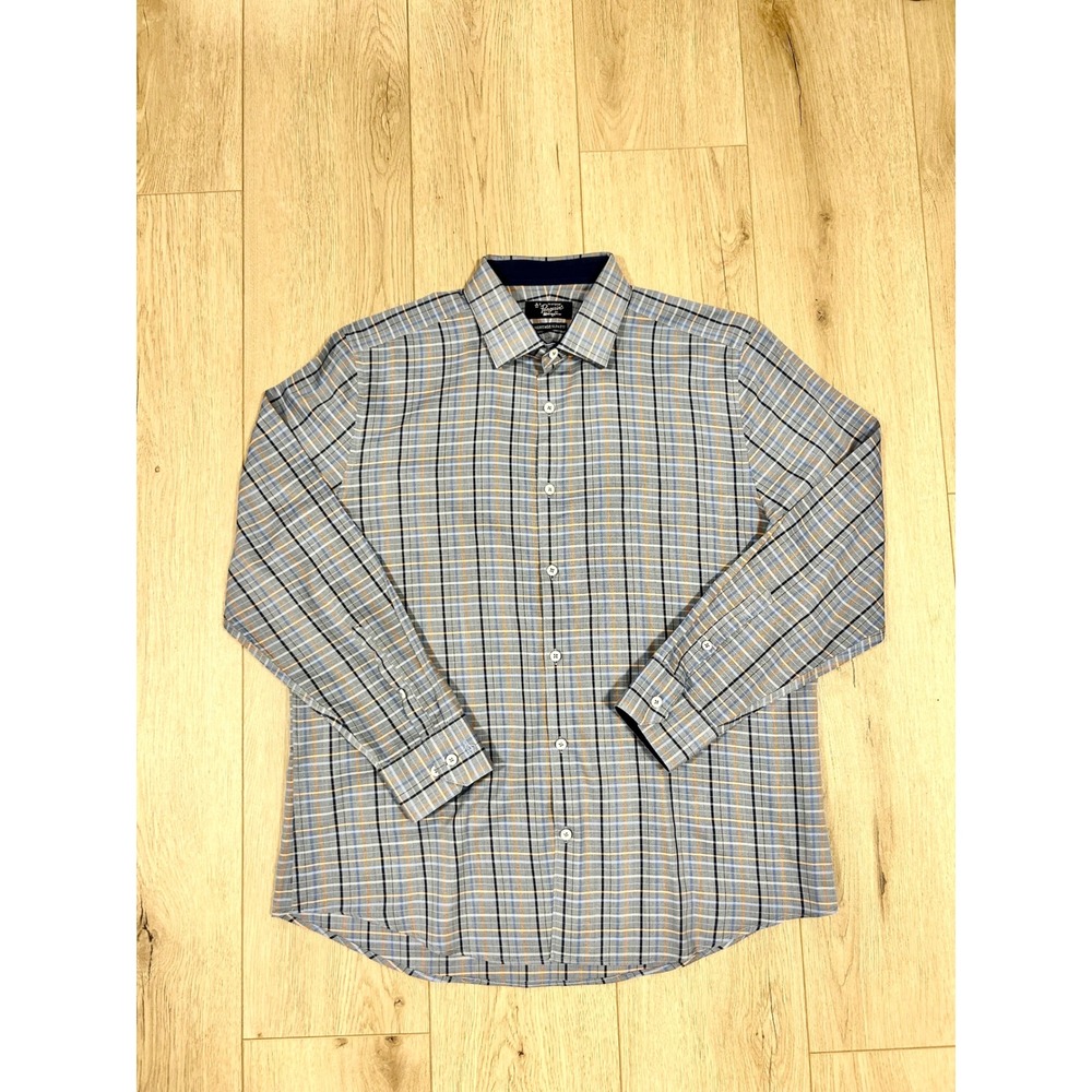 Original Penguin Mens Heritage Slim Fit Plaid Button Shirt Grey Blue 16 32/33